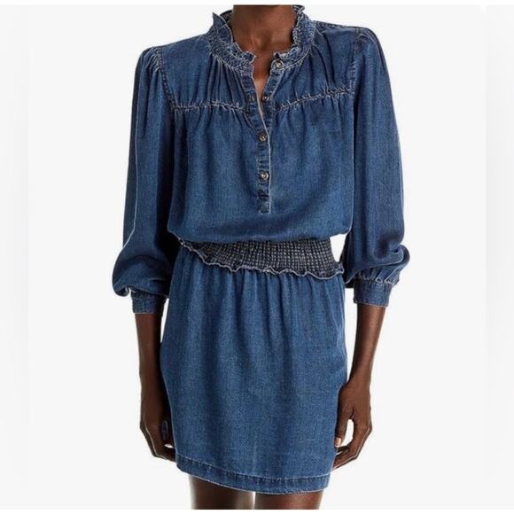 Rails Lyocell Dress Long Sleeve Denim look Sz Small Shawna Ruffle Chambray - Picture 1 of 6